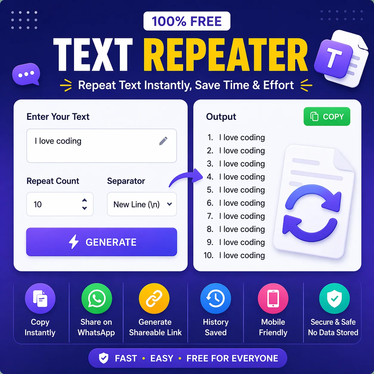 Free Text Repeater Tool Online – Repeat Text for WhatsApp Instantly