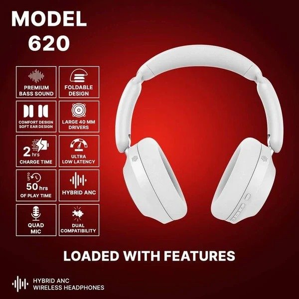 Kyptec LifeStyle® 620 Hybrid ANC Wireless Headphones with 40mm Drivers, Quad Mic& Foldable Design