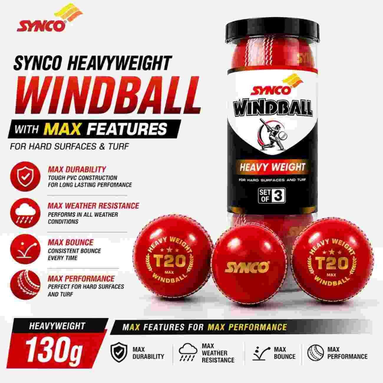 T20 Max Heavy Weight Cricket Wind Ball 130g set of 3 - Synco