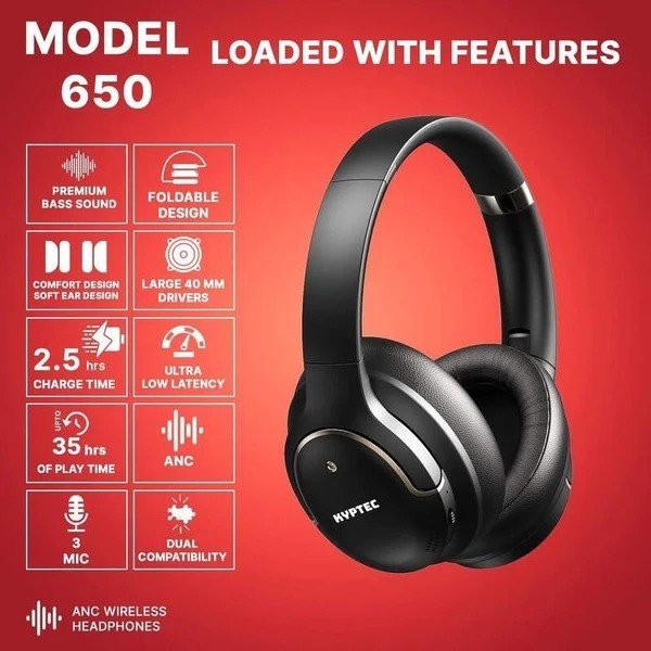 Kyptec LifeStyle® 650 ANC Wireless Headphones with 40mm Drivers, Triple Mic& AUX Support