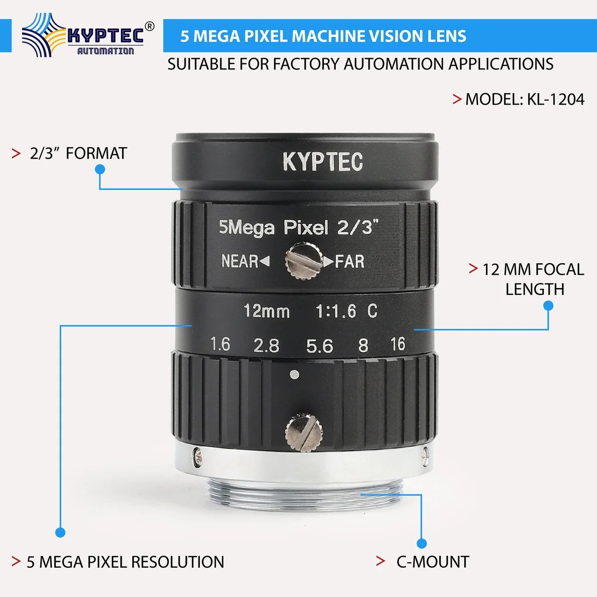 12 MM 5 MP Machine Vision Lens, 2/3-Inch Format, C-Mount, F1.4–16