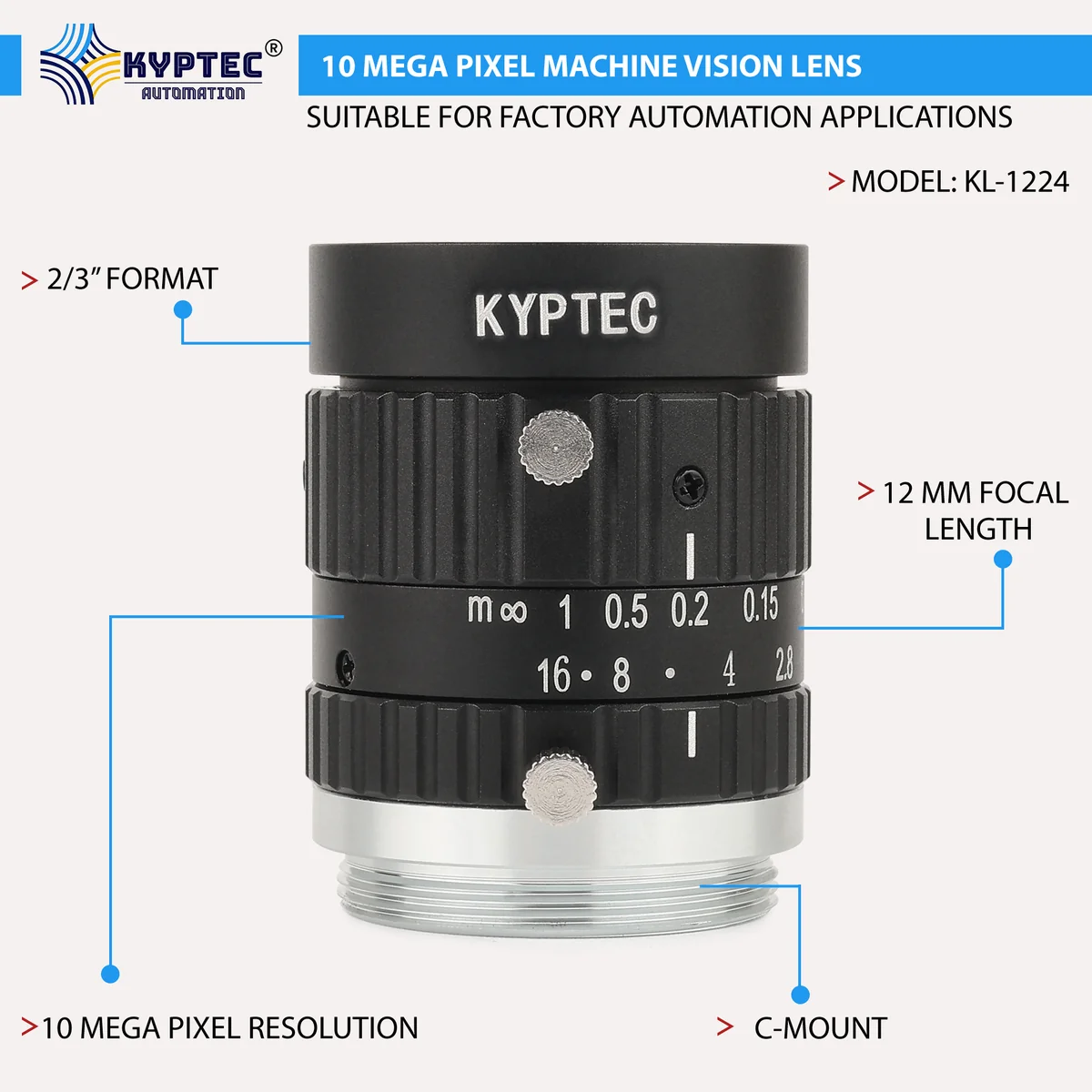 16 MM 5 MP C-Mount Machine Vision Lens for 2/3-Inch Industrial Sensors