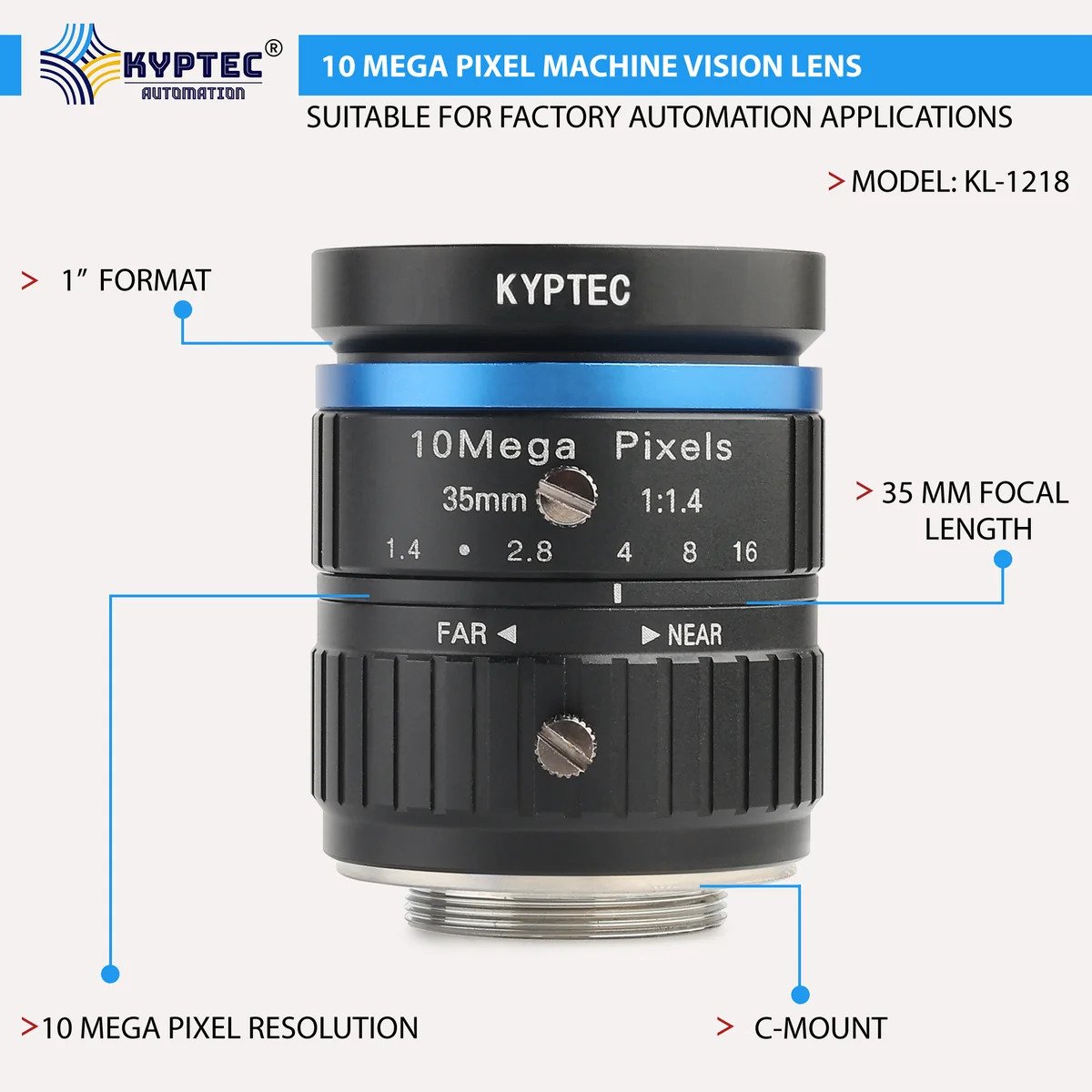 35 MM 10 MP Machine Vision Lens, 1-Inch Format, C-Mount – Kyptec Automation®