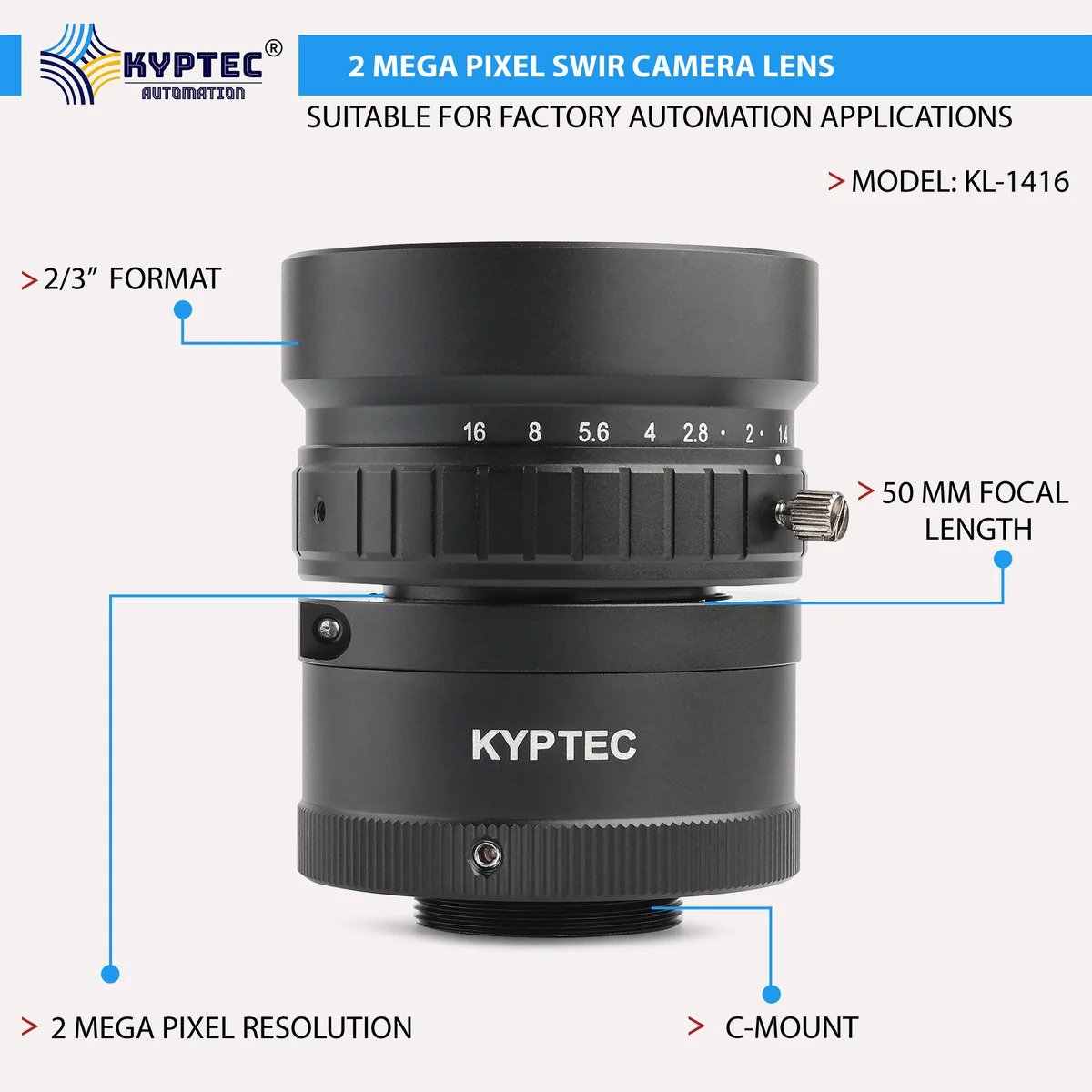50 MM SWIR Camera Lens, 900–1700 nm, F1.4, 2 MP, 2/3-Inch C-Mount