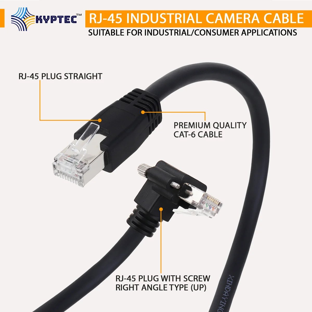 GigE Machine Vision CAT 6 Camera Cable with Locking RJ-45, Right Angle UP – Kyptec Automation®