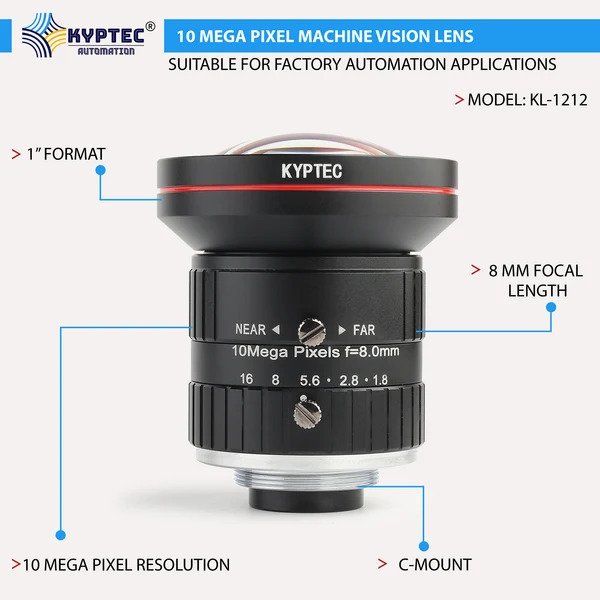 8 MM 10 MP Wide-Angle Machine Vision Lens for 1-Inch Industrial Cameras.