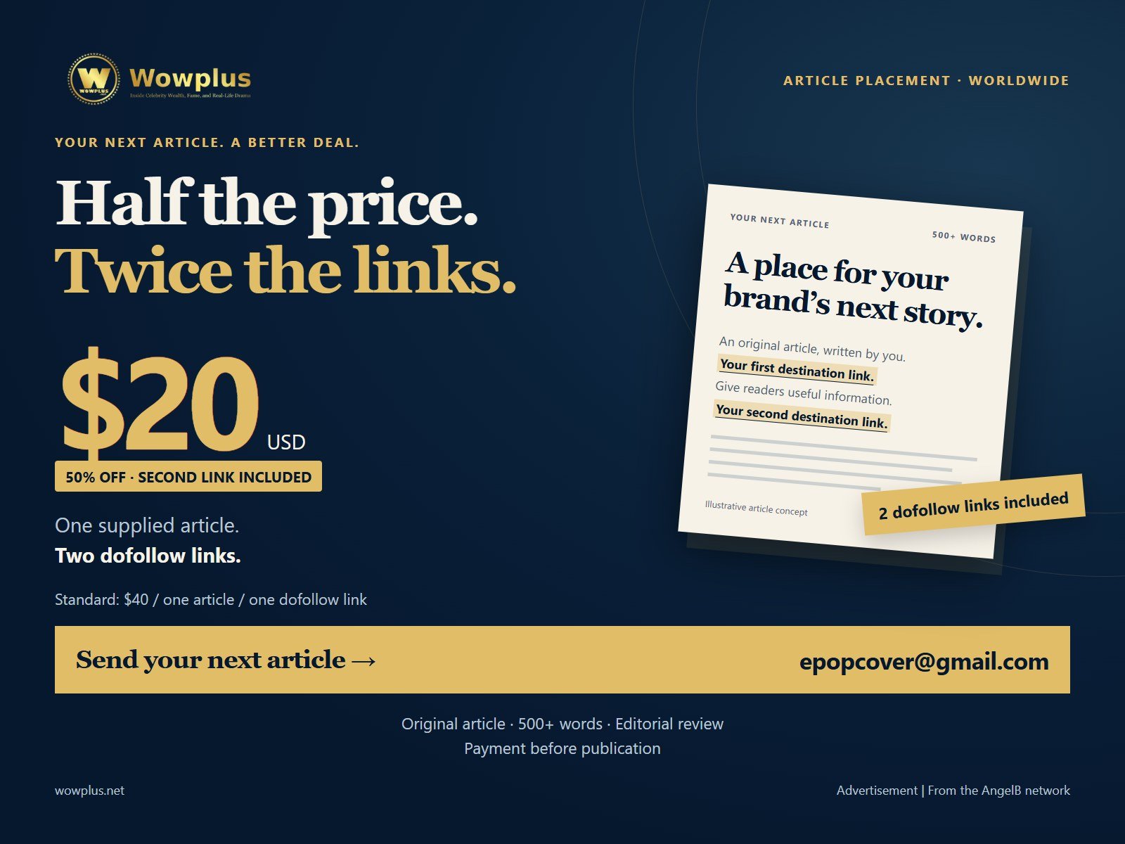 Wowplus weekly offer: US$20 article + 2 dofollow links | Worldwide