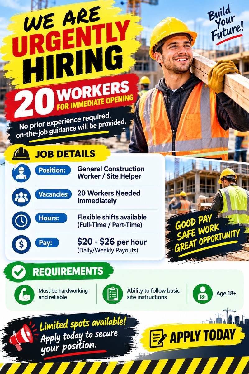 Urgent Hiring: 20 General Laborers Needed (Daily Pay Available)
