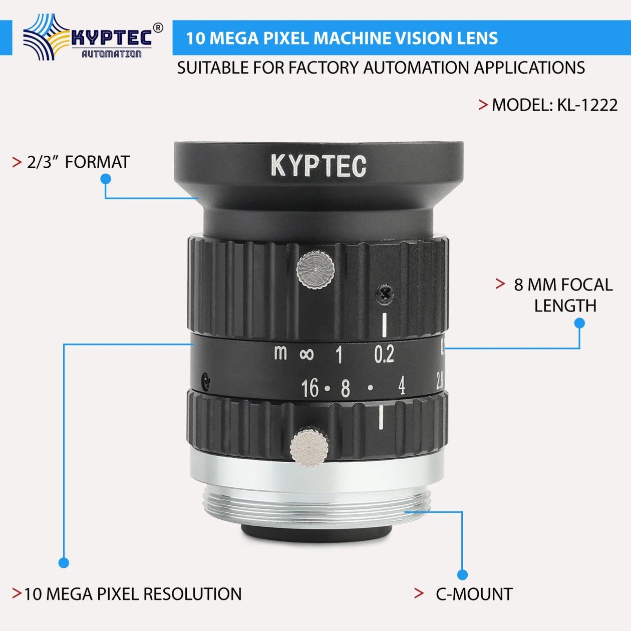 8 MM 10 MP Wide-Angle Machine Vision Lens for 2/3-Inch Industrial Cameras | C-Mount .