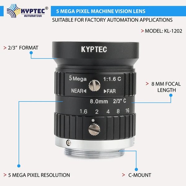 8 MM 5 MP Wide-Angle Machine Vision Lens for 2/3-Inch Industrial Cameras .